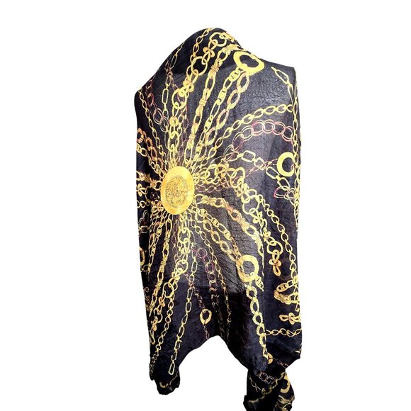 Black & Gold Chain Print Lightweight Polyester Scarf Shawl Wrap Texido JJ3943 - Picture 5 of 11